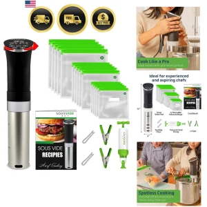 Sous Vide Cooker Kit - 1000W Immersion Circulator - 15 Vacuum Bags, Pump, Dig...